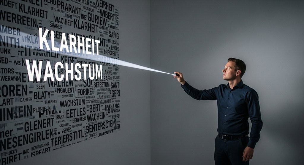 Ein Kreativdirektor schafft Klarheit, indem er ein Wort auf eine unruhige Wand projiziert – Symbol für eine spitze Value Proposition.