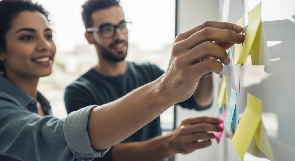 Ein kreatives Team arbeitet mit Haftnotizen an einem Whiteboard, um das Prinzip 'Das Wichtigste zuerst' zu visualisieren.