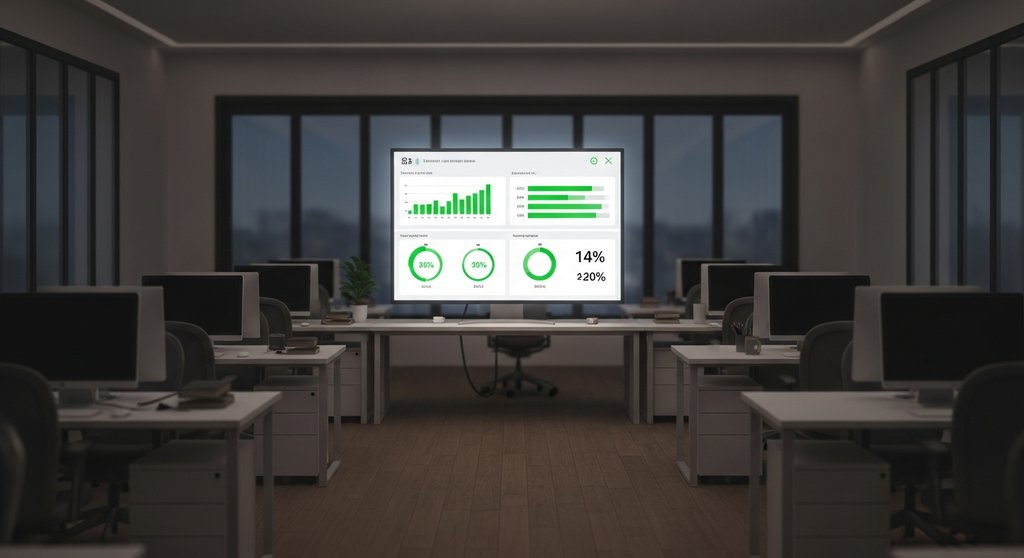 Ein leuchtender Dashboard-Monitor in einem leeren Büro, der den Erfolg automatisierter Agentur-Prozesse darstellt.