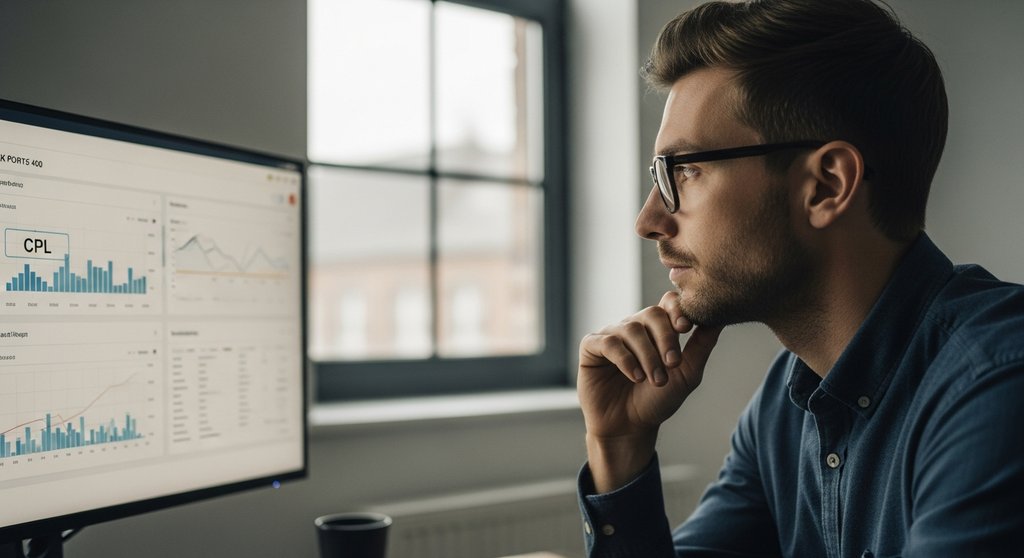 Ein Marketing-Experte analysiert den Cost per Lead (CPL) auf einem Dashboard.