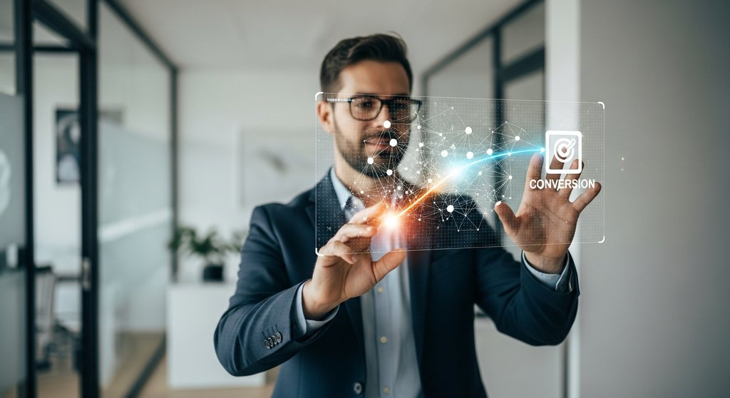 Ein Marketing-Experte analysiert eine Datenvisualisierung, um das Google Ads Conversion Tracking einzurichten.