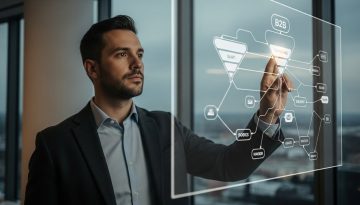 Ein Marketing-Experte plant eine Paid-Advertising-Kampagne für B2B auf einem digitalen Screen.