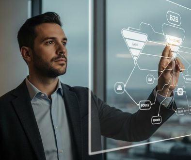 Ein Marketing-Experte plant eine Paid-Advertising-Kampagne für B2B auf einem digitalen Screen.