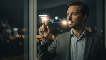 Ein Marketing-Experte plant einen Sales Funnel auf einem holographischen Display in seinem Büro.