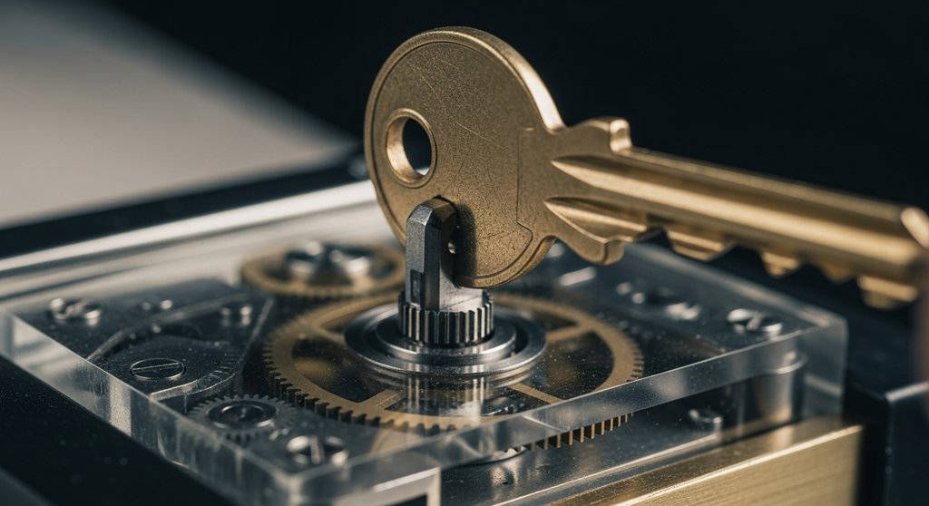 Ein Messingschlüssel entriegelt ein komplexes Schloss als Metapher für erfolgreiche B2B-Anzeigentexte.