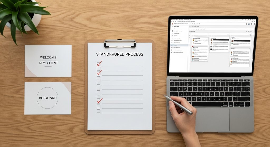 Ein Schreibtisch mit einer Checkliste und einem Laptop, die den standardisierten Prozess eines Productized Service symbolisieren.