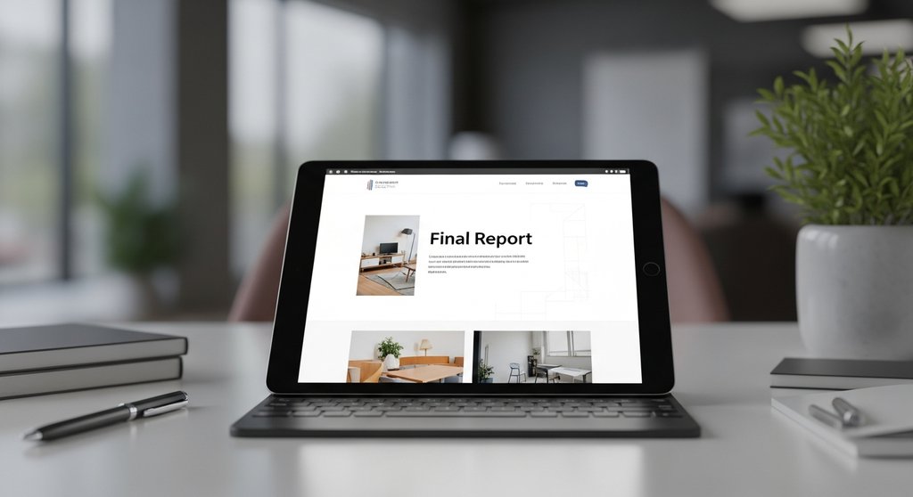 Ein Tablet auf einem Schreibtisch zeigt eine fertige Webseite als Ergebnis eines Done-for-You-Services.