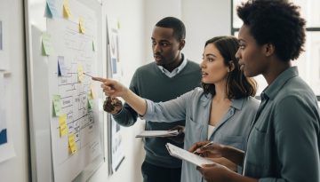 Ein Team aus Agentur-Mitarbeitern entwickelt eine Value Proposition am Whiteboard.