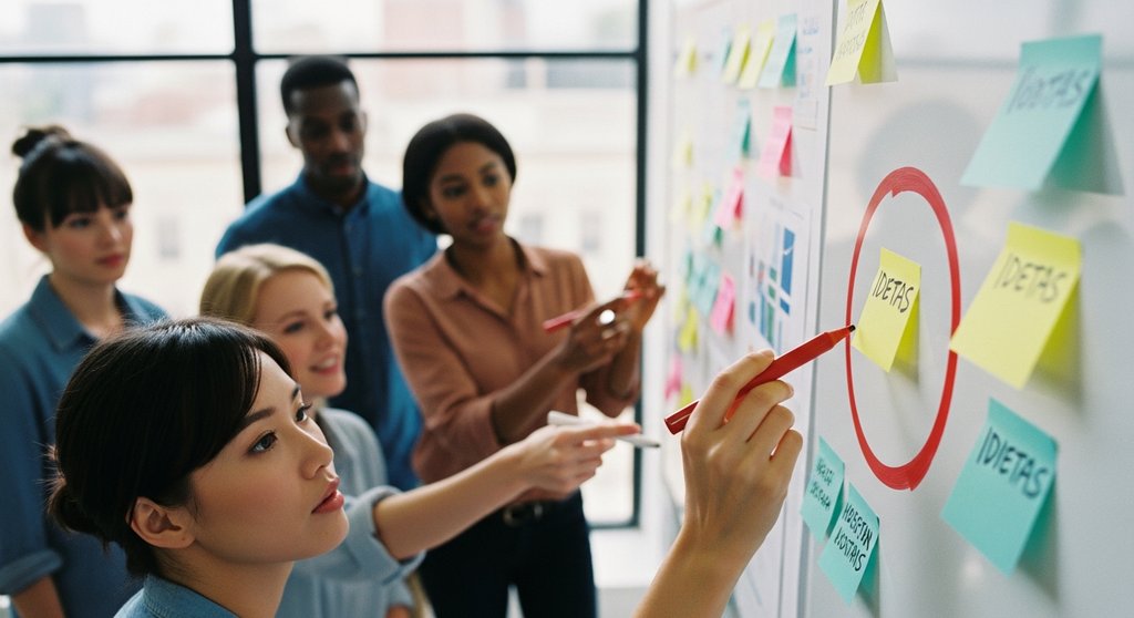 Ein Team bei einer kreativen USP-Analyse, bei der eine Kernidee als Alleinstellungsmerkmal hervorgehoben wird.