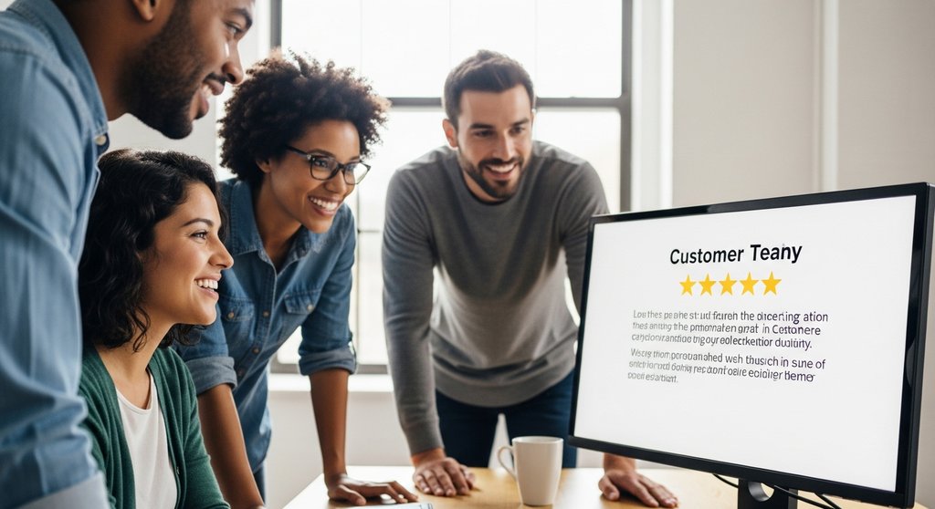 Ein Team freut sich über eine positive Kundenbewertung auf einer SaaS Pricing Page.