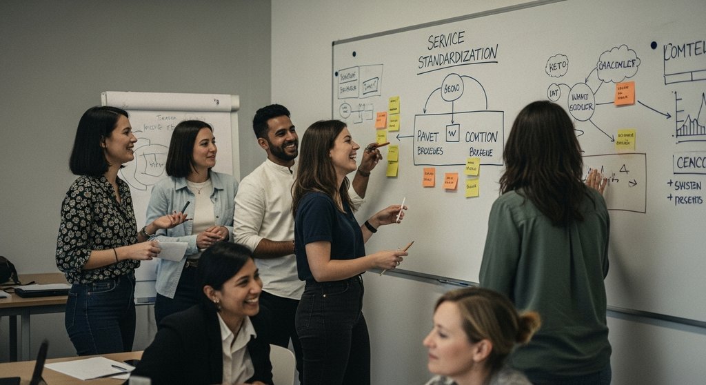 Ein Team von Agentur-Experten arbeitet an der Standardisierung ihrer Dienstleistungen, ein Kernelement der Produkt-Treppe.