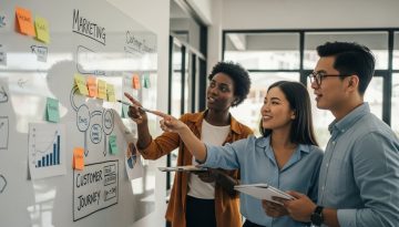 Ein Team von Marketing-Experten entwickelt in einem Workshop eine Content-Marketing-Strategie.