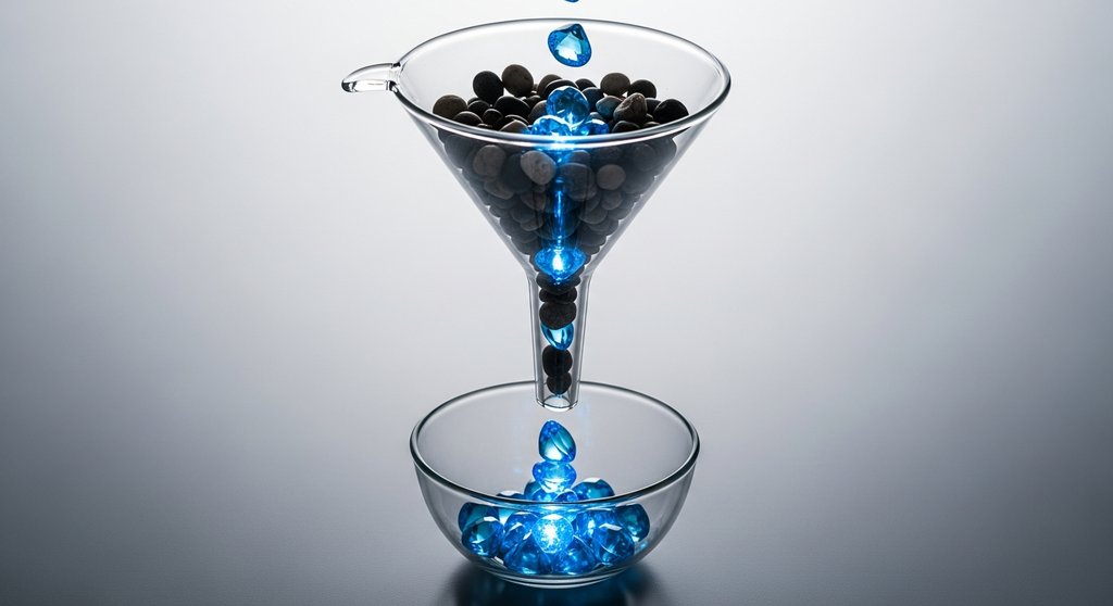 Ein Trichter, der hochwertige Leads (leuchtende Edelsteine) von unqualifizierten Kontakten (dunkle Kiesel) trennt.