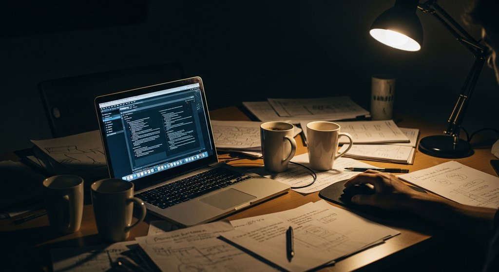 Ein unaufgeräumter Schreibtisch bei Nacht als Symbol für Perfektionismus und Überarbeitung durch das Impostor-Syndrom.