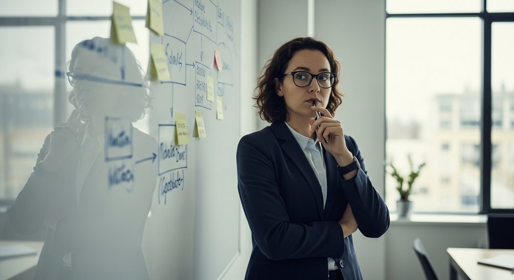 Ein Unternehmer analysiert einen Rückschlag an einem Whiteboard.