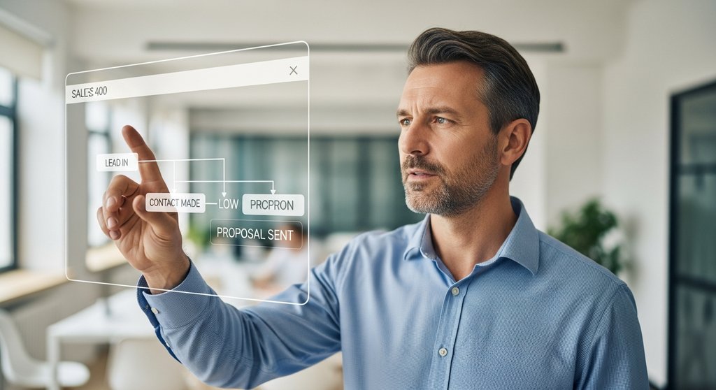 Ein Vertriebsleiter analysiert die Sales Pipeline seines Teams auf einem digitalen Dashboard im CRM.