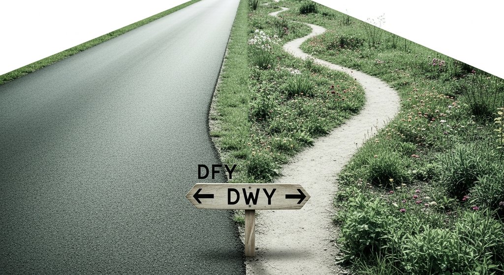 Ein Weg, der sich in zwei Pfade gabelt und die strategische Wahl zwischen DFY- und DWY-Modellen symbolisiert.
