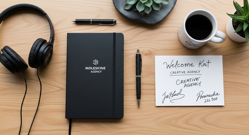 Ein Willkommenspaket für das Onboarding neuer Mitarbeiter, arrangiert auf einem Schreibtisch.