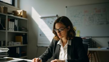 Eine Agentur-Inhaberin arbeitet konzentriert an ihrem Schreibtisch, als Symbol für den gezielten Aufbau ihres Expertenstatus.