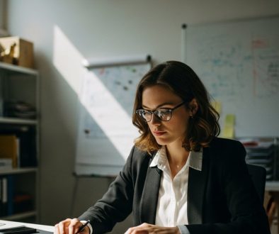 Eine Agentur-Inhaberin arbeitet konzentriert an ihrem Schreibtisch, als Symbol für den gezielten Aufbau ihres Expertenstatus.