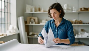 Eine Agentur-Inhaberin entwickelt ein skalierbares Geschäftsmodell, symbolisiert durch ein komplexes Papierflugzeug.