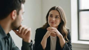 Eine Agentur-Inhaberin im Verkaufsgespräch bei der Einwandbehandlung eines Kunden.