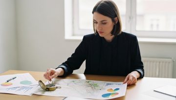 Eine Agentur-Inhaberin plant strategisch mit einer Landkarte, die KPIs und Kennzahlen symbolisiert.