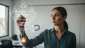 Eine Agentur-Inhaberin zeichnet einen Marketing-Funnel mit Lead Magnet an eine Glaswand.