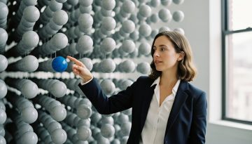 Eine Agentur-Strategin zeigt auf eine blaue Kugel, die aus vielen grauen Kugeln heraussticht – Symbol für Marketing Positionierung.