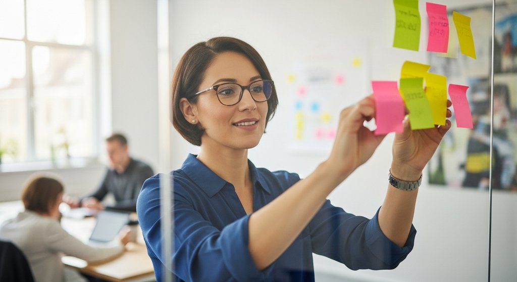 Eine Agenturinhaberin plant strategisch mit Klebezetteln an einer Glaswand, was für effektive Arbeitsstrukturierung steht.