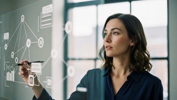 Eine Agenturinhaberin plant strategische B2B-Kaltakquise-Maßnahmen für die Neukundengewinnung.