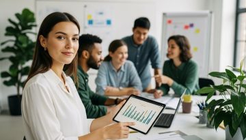 Eine Agenturleiterin prüft mit einer Buchhaltungssoftware auf dem Tablet die Finanzen ihres Teams.