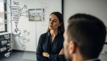 Eine Beraterin erklärt an einer Mindmap-Wand die Strategie zur Erstellung eines digitalen Produkts.
