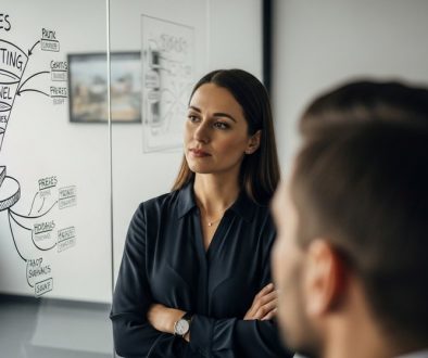 Eine Beraterin erklärt an einer Mindmap-Wand die Strategie zur Erstellung eines digitalen Produkts.