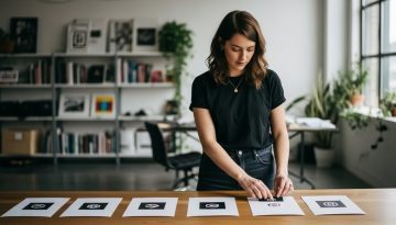 Eine Designerin betrachtet eine Reihe von fertigen Logo-Paketen, ein Beispiel für einen Productized Service.