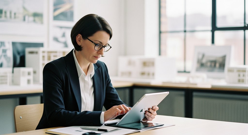 Eine Entscheiderin in einem Architekturbüro prüft eine Case Study auf ihrem Tablet.