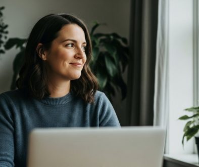 Eine erfolgreiche Freelancerin, die nach der Berechnung ihres Stundensatzes zufrieden ist.