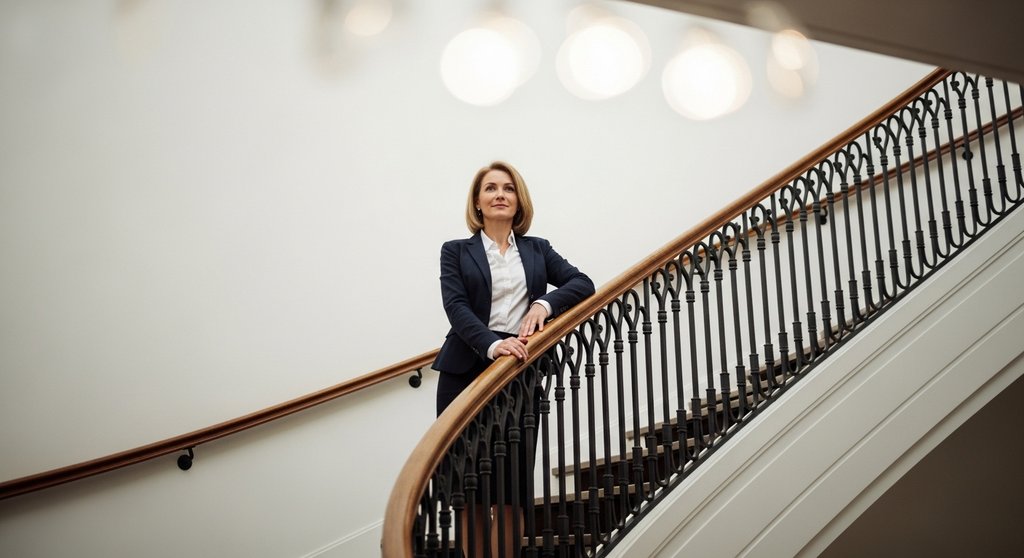 Eine erfolgreiche Unternehmerin am Ende ihrer Produkt-Treppe, die für Erfolg und Freiheit steht.