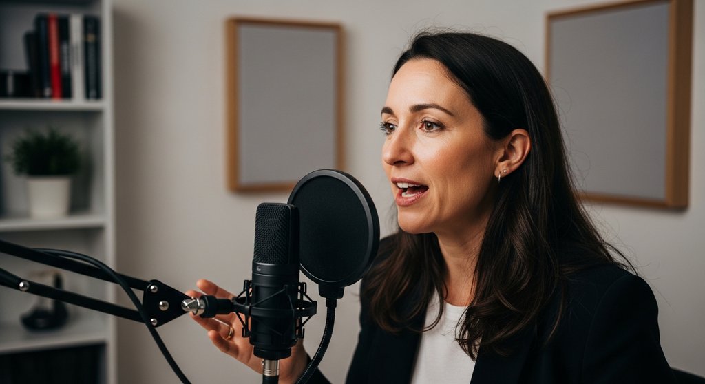 Eine Expertin nimmt einen Podcast auf und demonstriert damit die Erstellung von Thought-Leadership-Content.