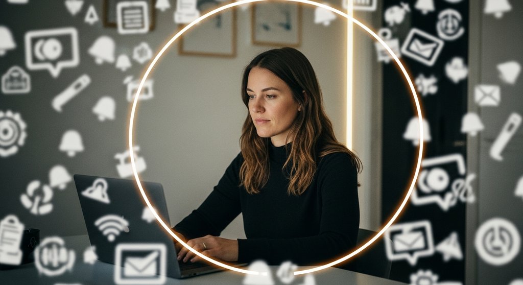 Eine fokussierte Frau arbeitet am Laptop in einer ruhigen Oase inmitten digitaler Ablenkungen.