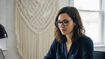 Eine fokussierte Freelancerin arbeitet am Schreibtisch, ein Symbol für finanzielle Sicherheit durch Rücklagen.