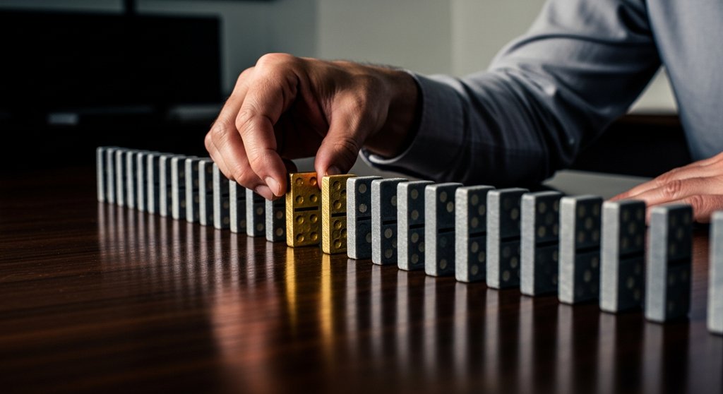 Eine Hand baut mit einem goldenen Stein finanzielle Rücklagen als Puffer auf.