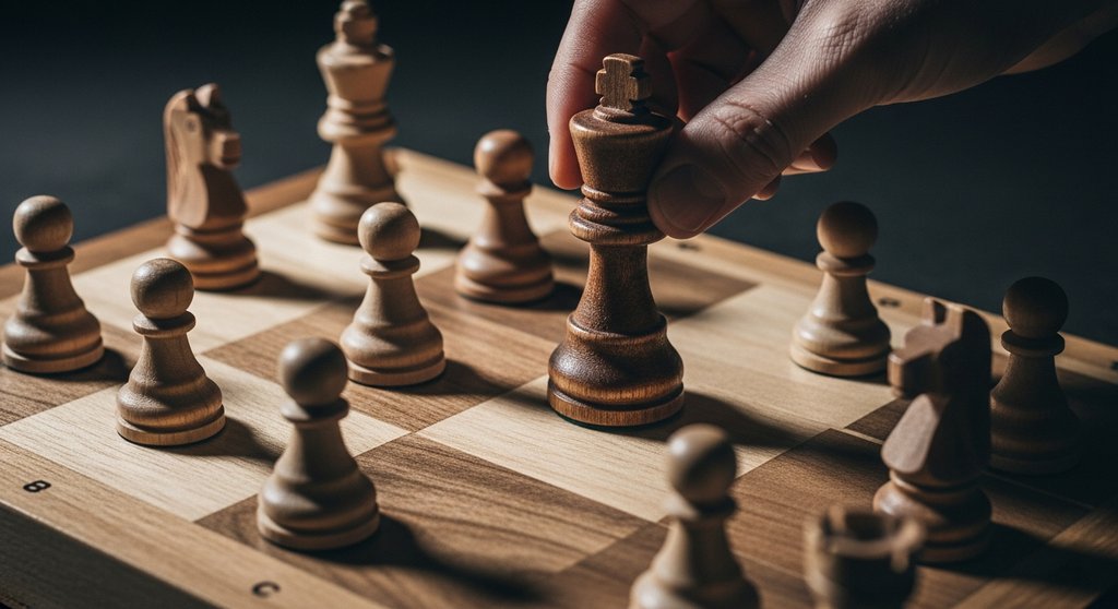 Eine Hand bewegt eine Königs-Schachfigur auf einem Brett, was die strategische Bedeutung von Key Accounts symbolisiert.