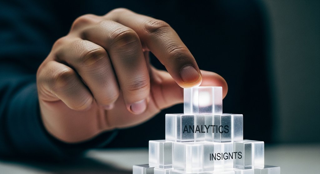 Eine Hand fügt einen Datenblock zu einer Analyse-Struktur hinzu als Symbol für datengestützte Entscheidungen.