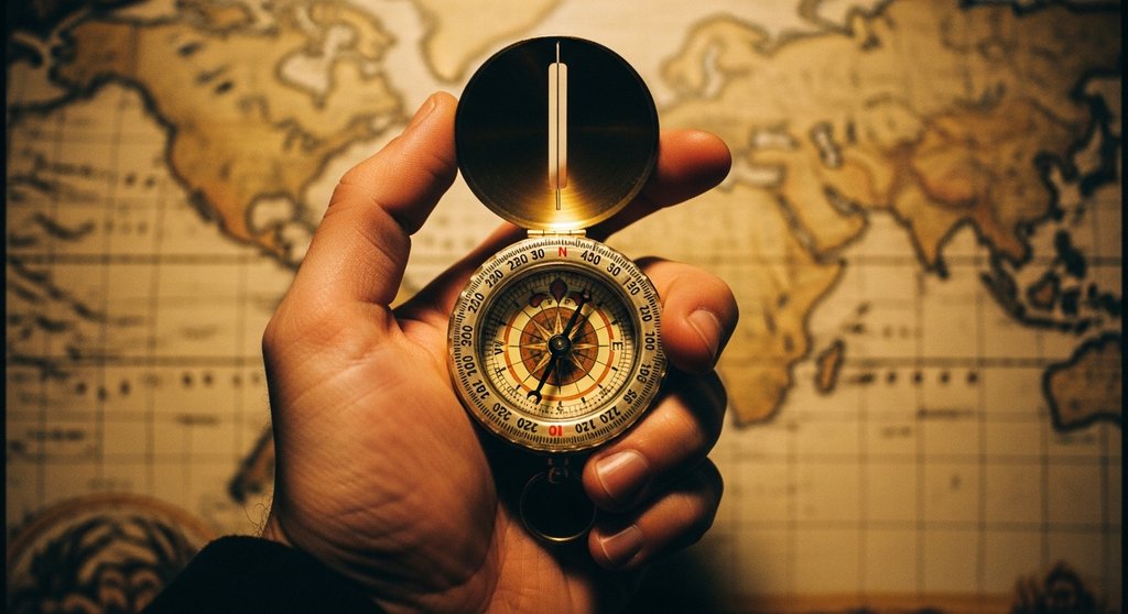 Eine Hand hält einen Kompass über eine unscharfe Landkarte, ein Symbol für eine klare Content-Marketing-Strategie.