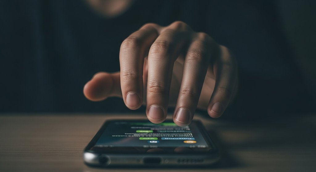 Eine Hand zögert, ein leuchtendes Smartphone in die Hand zu nehmen, als Symbol für die Schwierigkeit, nach Feierabend abzuschalten.