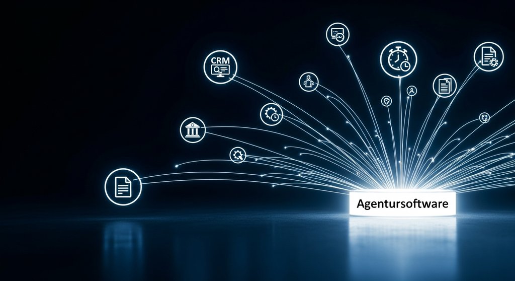 Eine Infografik, die die nahtlose Integration verschiedener Tools in eine zentrale Agentursoftware darstellt.