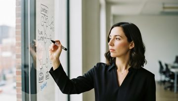 Eine Marketing-Expertin plant eine Pillar Page auf einem Whiteboard, um die SEO-Struktur zu optimieren.