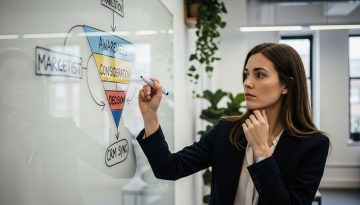 Eine Marketing-Strategin plant eine Google Ads B2B Kampagne an einem Whiteboard.