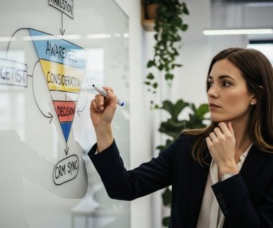 Eine Marketing-Strategin plant eine Google Ads B2B Kampagne an einem Whiteboard.